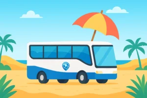אוטובוס טיולים עם לוגו על רקע חוף קיצי עם שמשייה, דקלים ושמיים בהירים – אווירה של חופשת קיץ ונסיעה לטיול קבוצתי.